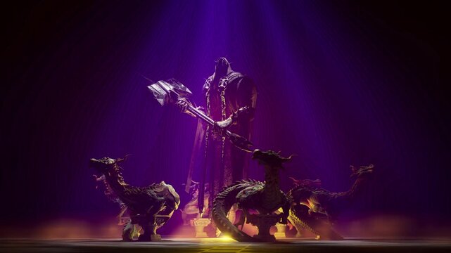 3D Render of Hooded Warrior with Weapon and Dragons in Purple Sanctuary