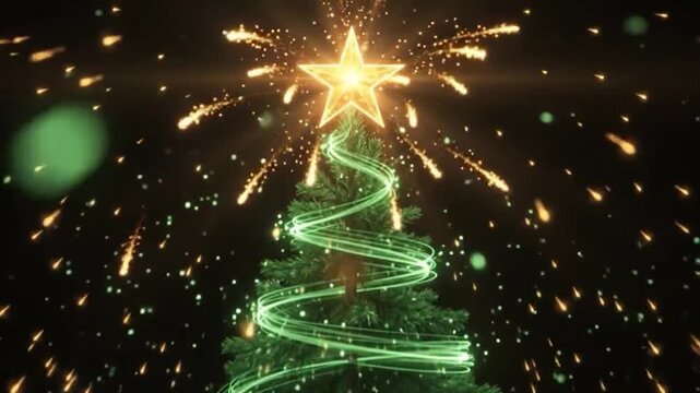 Glowing green light trails forming a christmas tree shape with sparkling particles on a dark background