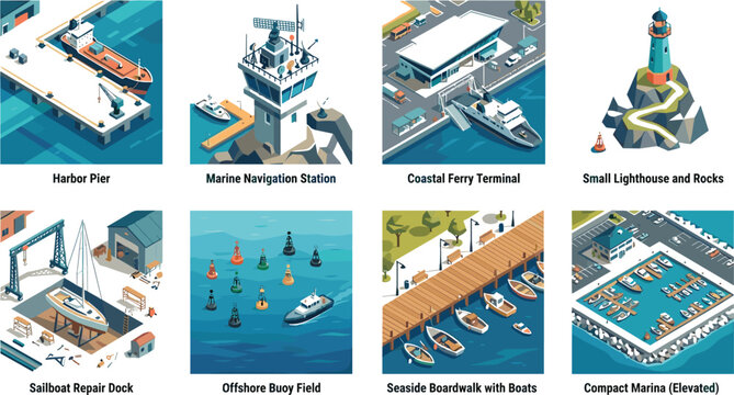 Set of isometric port and maritime illustrations featuring harbor piers, navigation stations, and marinas