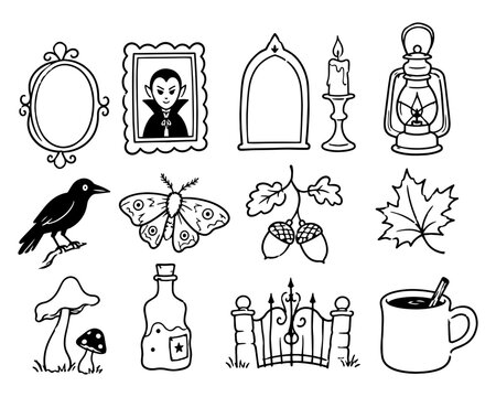 Gothic Autumn Halloween Hand Drawn Doodle Set with Raven, Vintage Frames, Lantern, Mushrooms and Witchy Fall Elements