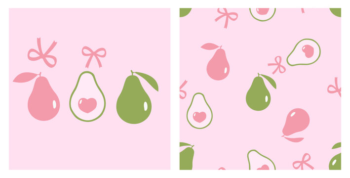 Cute seamless avocado pattern featuring whole and sliced avocados with heart shaped seeds, green leaves, and ribbon bows on a soft pastel pink background in hand drawn flat vector.