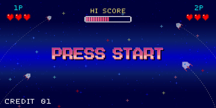 PRESS START. INSERT A COIN TO CONTINUE. pixel art 8 bit. Retro Futurism Sci-Fi Background. glowing neon grid and stars from vintage arcade computer games