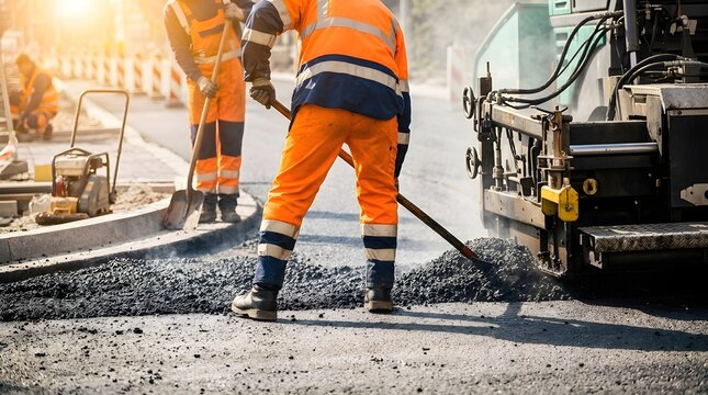 Road Construction Crew Working Together Using Heavy Machinery to Pave a New Asphalt Highway Surface Under Sunny Conditions