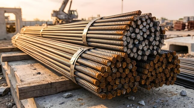 Bundles of steel rebar stacked neatly at a construction site during sunset preparation