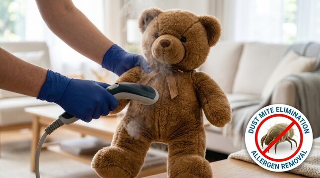 Steam cleaning a teddy bear with a handheld cleaner, representing toy hygiene, allergen removal, household cleaning, sanitation and dust mite prevention