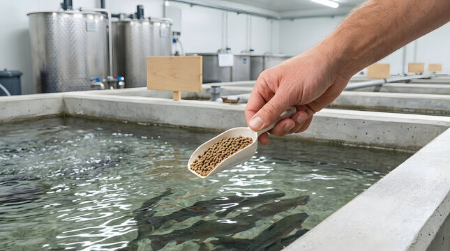 Hand Feeding Trout with Pellet Scoop in Indoor Aquaculture Facility
