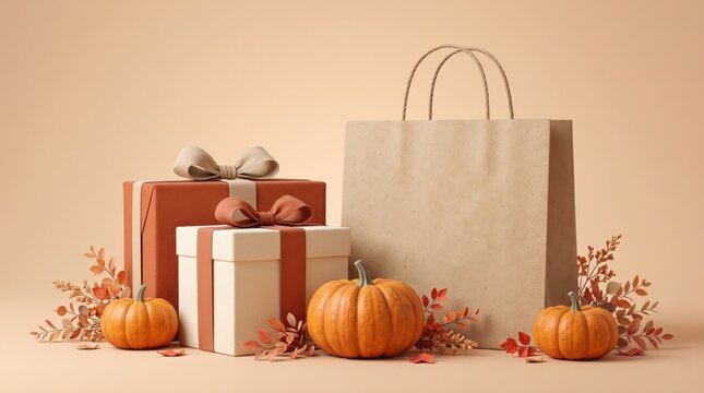 Gift boxes, pumpkins and a blank paper shopping bag arranged on a warm autumn background, representing seasonal shopping, presents, retail, celebration and fall holidays