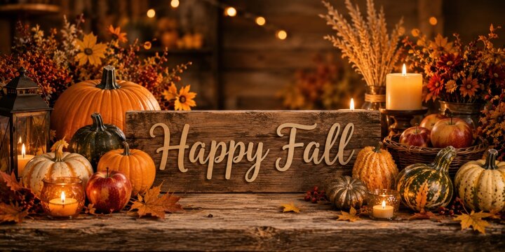 Rustic autumn still-life with pumpkins, apples, candles, flowers and a wooden "Happy Fall" sign