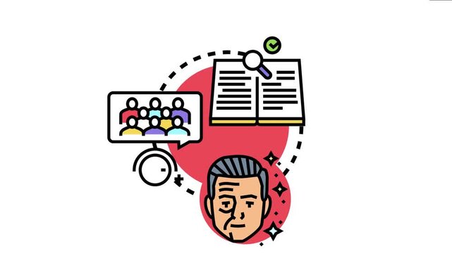 Vector depicting an individual transforming their perspective and improving through learning from social interaction, studying new ideas, and reaching a positive outcome