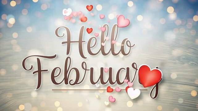 Hello february calligraphy on pale wooden background with glowing bokeh and floating pink red white hearts, romantic winter valentine concept