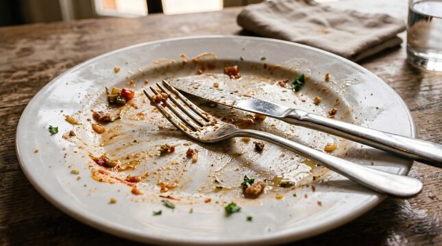 Empty dinner plate with leftover food residue, fork and knife on a wooden table, representing finished meal, leftovers, dining, food waste and restaurant service