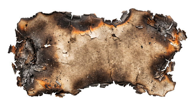 Fragment of burnt paper with charred edges and ash details