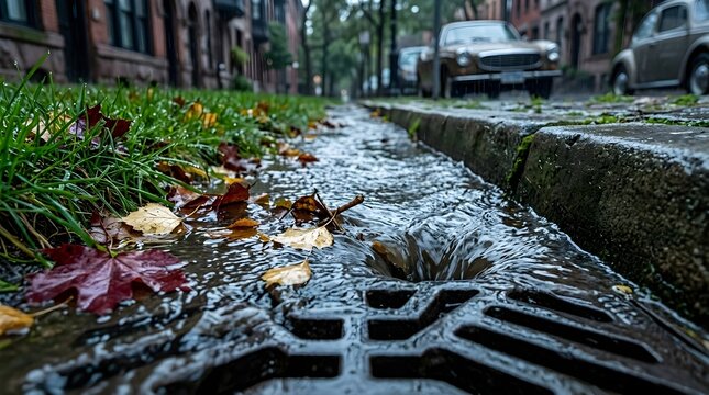 Rainwater Flowing Into A Metal Storm Drain On A City Street With Autumn Leaves And Wet Pavement