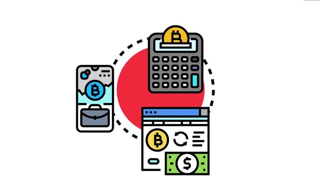 Crypto investment showing a calculator, mobile application with a briefcase, and a browser window indicating currency exchange and financial transactions
