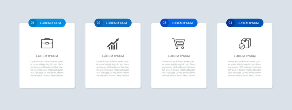 Infographic template with four steps blue cards banner business presentation layout design.
