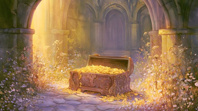 Golden coins spill from an ornate chest bathed in sunlight a mystical fantasy art illustration