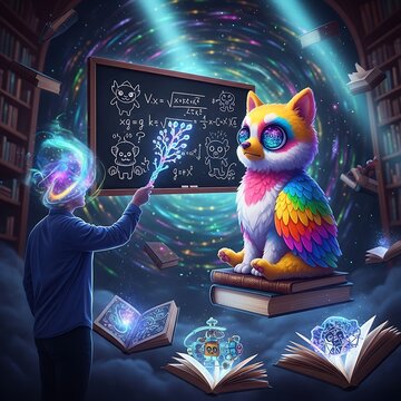 Colorful neon cat illustration with cosmic background design.
