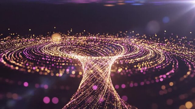 Abstract Vortex of Light Particles: An mesmerizing display of swirling light particles forms an abstract vortex, suggesting cosmic energy or digital data flow in a dark, ethereal space.