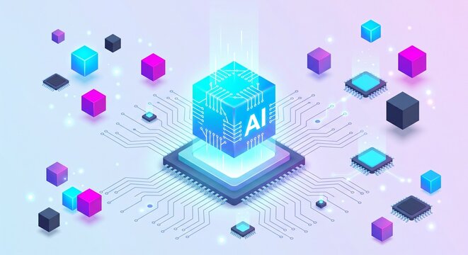An isometric 3D illustration of an artificial intelligence processor cube on a pastel background with circuit traces.