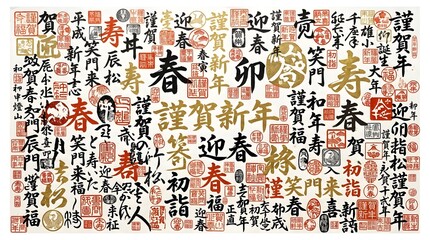 Fototapeta premium Japanese new year calligraphy and traditional stamps