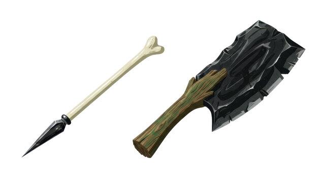 Primitive Stone Axe and Bone Spear Hunting Tools
