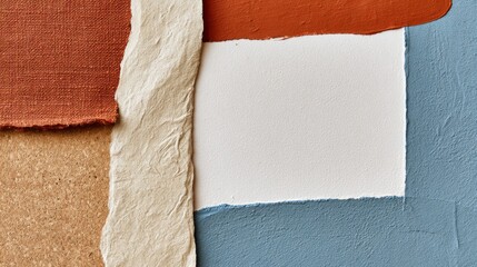 Obraz premium Neutral torn paper and textured material collage with cork canvas and painted swatches for design card poster background