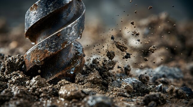 Industrial Earth Auger Drill Bit Penetrating Soil and Dirt for Construction Site Excavation and Geological Exploration