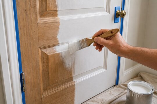 Hand painting a wooden interior door with white paint, showing a before and after renovation process for home improvement, restoration, decorating and DIY repair