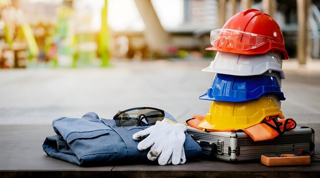Stack of multicolored hard hats and safety gear on construction site table