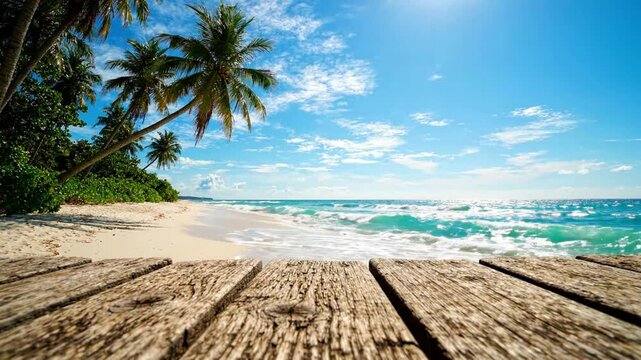 Tropical beach view from wooden pier with palm trees and turquoise ocean waves, summer vacation paradise background, sunny coastal scenery