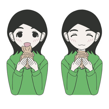 笑顔で美味しそうにたい焼きを食べる可愛い女の子のイラスト