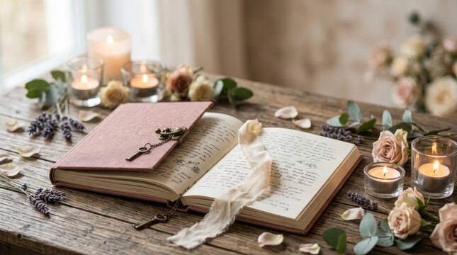 A vintage journal lies open on a rustic wooden table, filled with handwritten text. Several lit candles and delicate flowers surround the journal, creating a romantic and serene atmosphere.