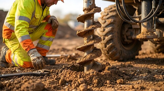 Close Up of a Heavy Duty Industrial Auger Drill Bit Penetrating Wet Muddy Soil with Flying Debris