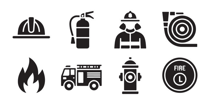Firefighter equipment icons including helmet hose extinguisher truck and hydrant for safety and emergency services.
