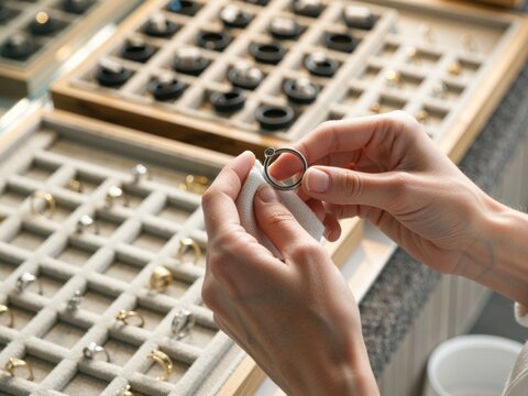 Jeweller polishing a silver ring with a soft cloth above trays of jewellery