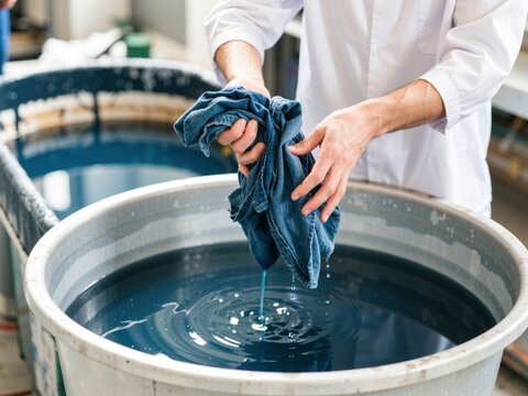 Textile worker lifting indigo dyed denim fabric out of a dye vat
