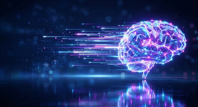 Glowing low-poly crystal brain with neon light trails on dark navy background.