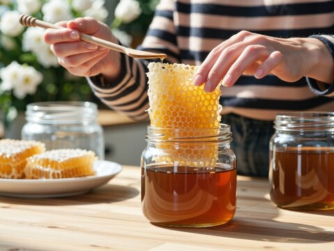 Woman lowering a piece of fresh honeycomb into a glass jar of golden honey