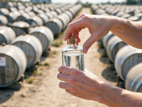 Worker holding a corked glass sample bottle in front of rows of metal barrels