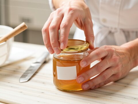 Producer closing the gold lid on a jar of honey with a blank white label