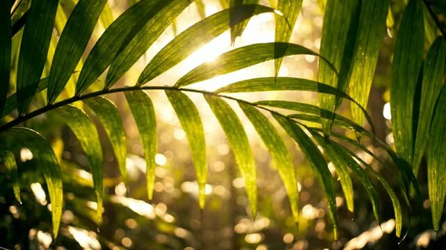 Tropical palm leaves swaying in golden sunlight, cinematic nature background, with soft bokeh, lens flare and, peaceful summer forest atmosphere