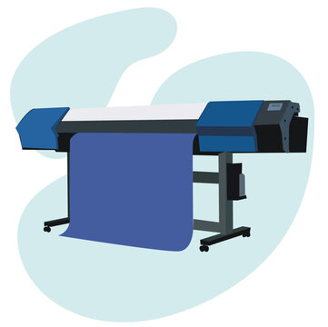 printing wide format large banner vector illustration. Printer and worker in office,