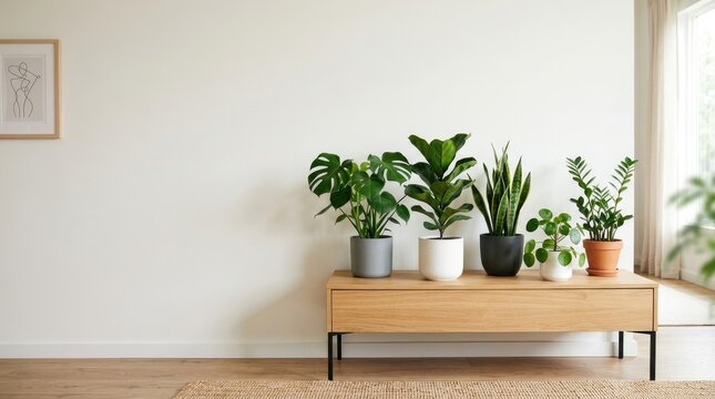 A wooden console table holds several potted plants against a white wall. The plants include a Monstera deliciosa, a Philodendron, a Sansevieria, and a Zamioculcas zamiifolia.