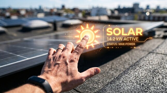 Close-up perspective of a hand pointing at a glowing orange solar HUD interface indicating 14.2 kW active status above rooftop solar panels.