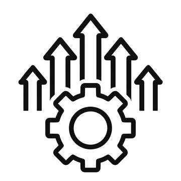 Flat thick black pictogram of a large gear with multiple upward arrows rising behind it