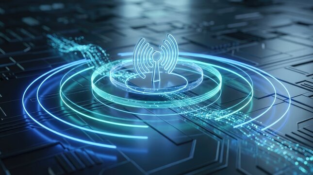 A stylized digital illustration depicts a wireless signal emitting from an antenna icon, surrounded by glowing rings of light.