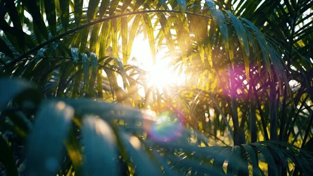 Tropical palm leaves with golden sun flare background, cinematic sunlight shining through lush green foliage for nature and travel projects