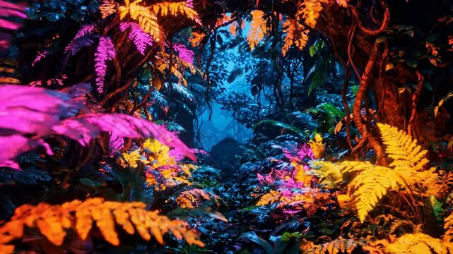 Enchanted bioluminescent jungle forest with glowing neon tropical plants and magical atmosphere for fantasy backgrounds