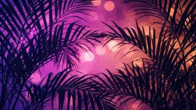 Tropical palm leaves silhouette with vibrant neon pink and orange bokeh light background, for abstract cinematic motion