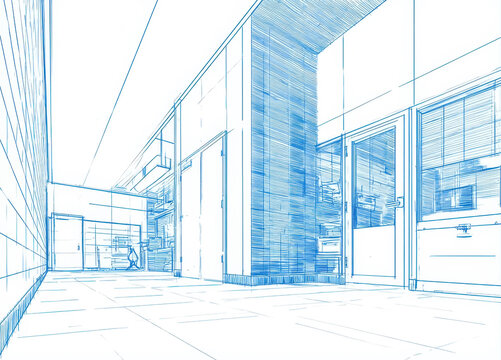 Modern architectural blueprint sketch drawing of building interior corridor perspective with linear glass walls, modern doors, light fixture outlines, structural framework, and clean technical lines.